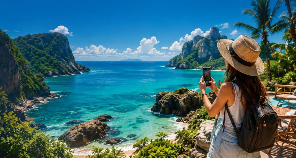 Traveler photographing a tropical bay from a hillside viewpoint